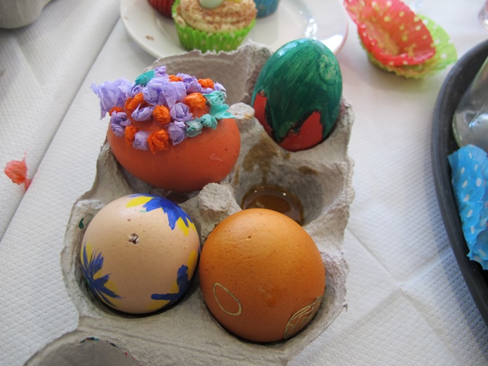 decorated eggs ready for hanging